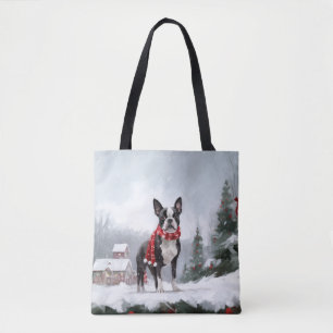 Bolso De Tela Perro de Boston Terrier en Navidades de Nieve