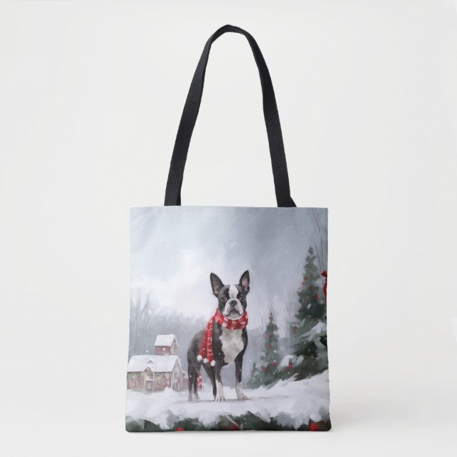 Bolso De Tela Perro de Boston Terrier en Navidades de Nieve (Anverso)