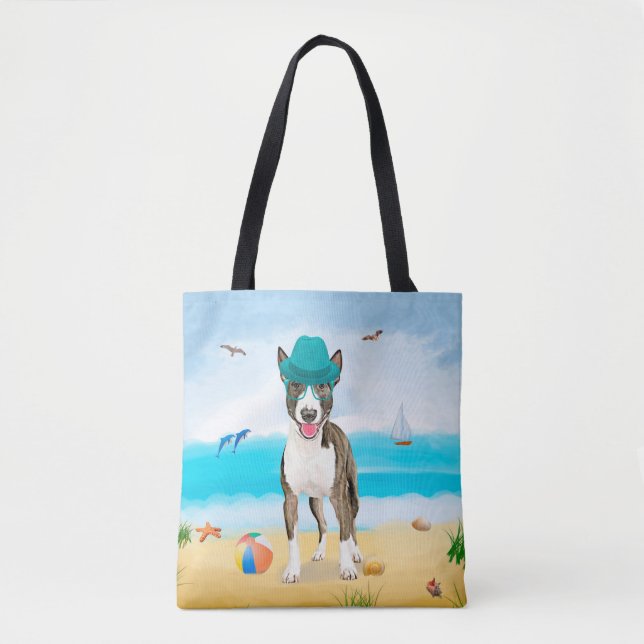 Bolso De Tela Perro de Bull Terrier en la playa (Anverso)