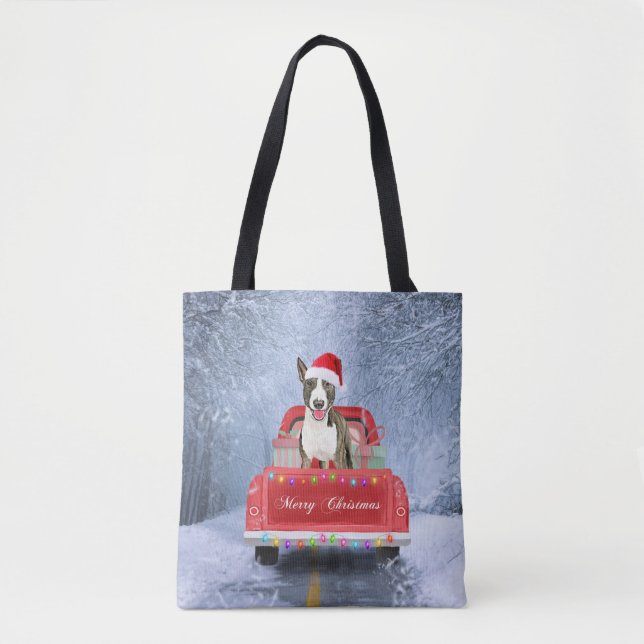 Bolso De Tela Perro de Bull Terrier en Nieve sentado en Navidade (Anverso)