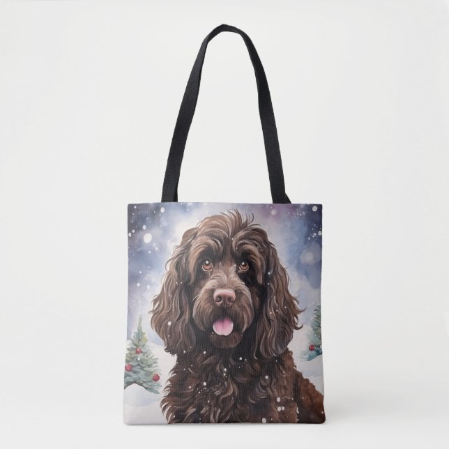 Bolso De Tela Perro de chocolate Cockapoo en invierno (Anverso)