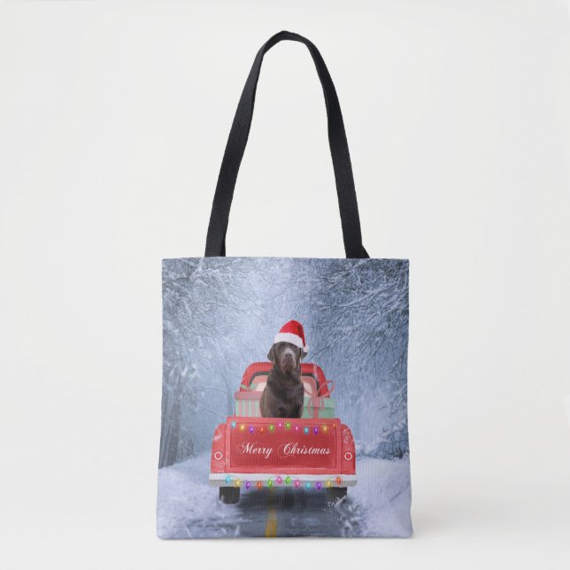 Bolso De Tela Perro de chocolate labrador en Navidades de nieve (Anverso)
