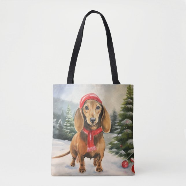 Bolso De Tela Perro de Dachshund en Navidades de nieve (Anverso)