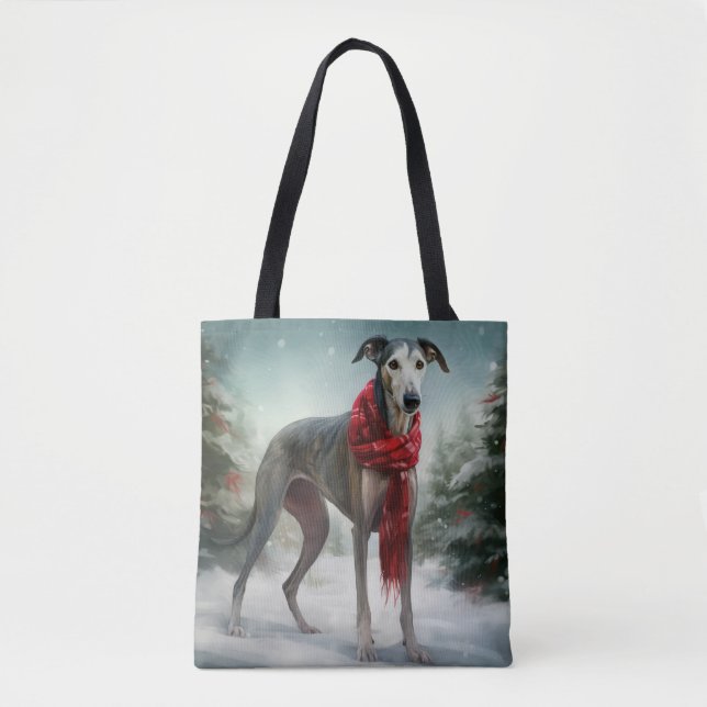 Bolso De Tela Perro de Greyhound en Navidades de Nieve (Anverso)