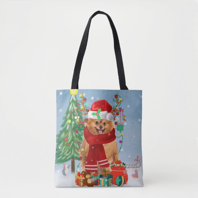 Bolso De Tela Perro de Pomerania con regalos de Navidades (Anverso)