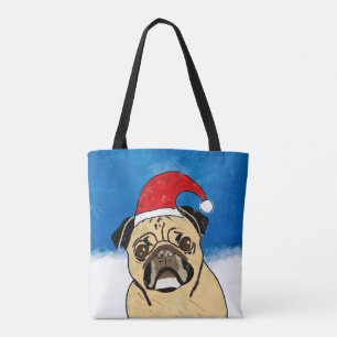 Bolso De Tela Perro de pug en Navidades de nieve retrato de arte