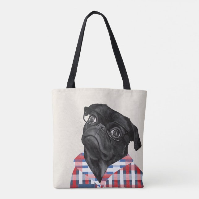 Bolso De Tela Perro De Pug Negro Con Gafas Y Chequera (Reverso)