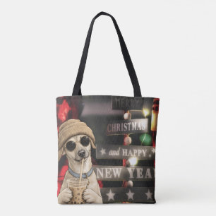 Bolso De Tela Perro divertido de Navidad bebiendo té de burbujas