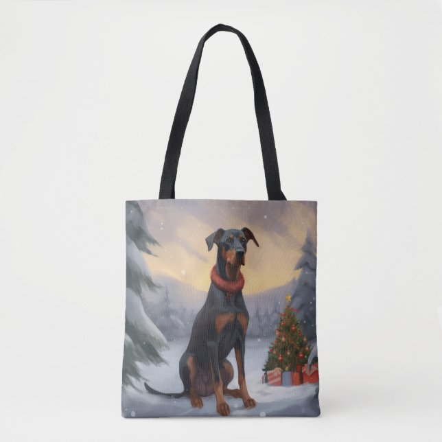 Bolso De Tela Perro Doberman en Navidades de nieve (Anverso)