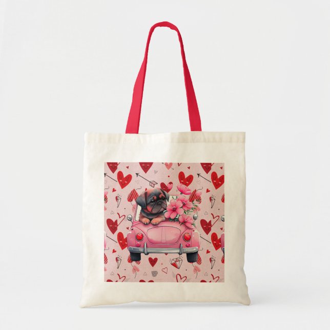 Bolso De Tela perro en un auto con corazones (Frente)