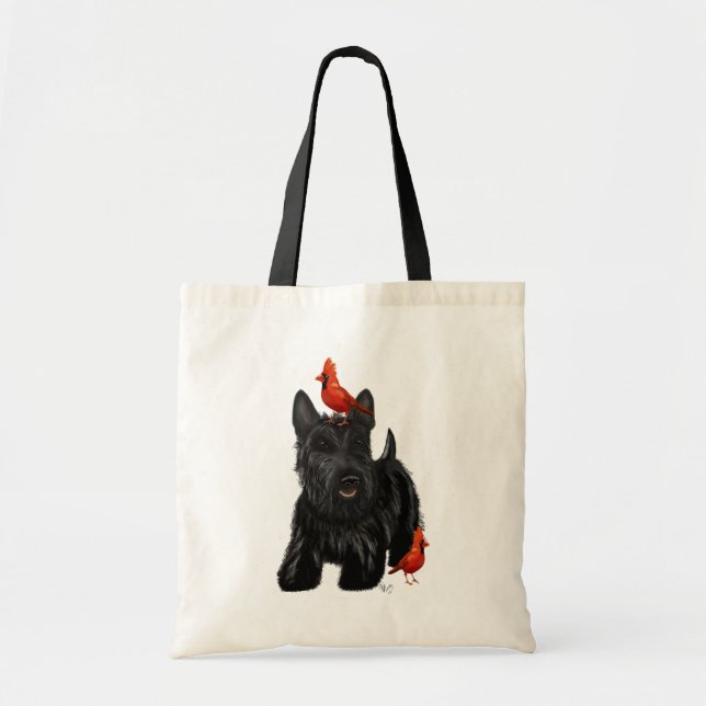 Bolso De Tela Perro escocés y aves rojas (Frente)