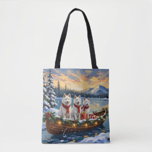 Bolso De Tela Perro Eskimo Americano Blanco Navidad Barco Fiesta