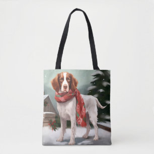 Bolso De Tela Perro español de Bretaña en Navidades de nieve