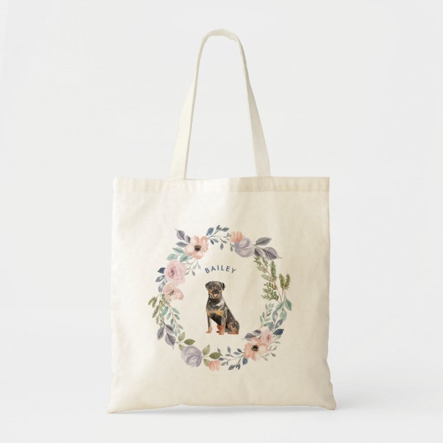 Bolso De Tela Perro floral de la acuarela bonita el | Rottweiler (Frente)