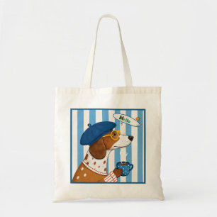 Bolso De Tela Perro Francés Genial Bebiendo Café con Gorra de Bo