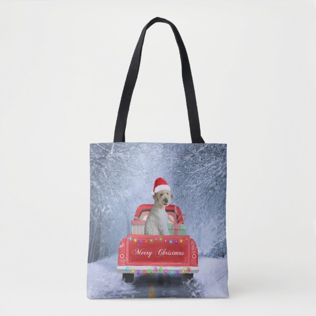 Bolso De Tela Perro goldendoodle en Nieve sentado en Navidades (Anverso)