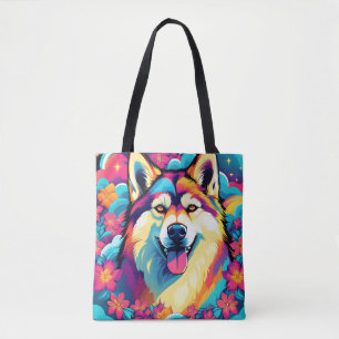 Bolso De Tela Perro Husky Con Flores