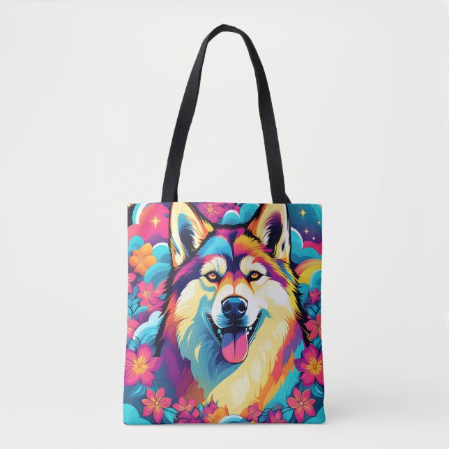 Bolso De Tela Perro Husky Con Flores (Anverso)
