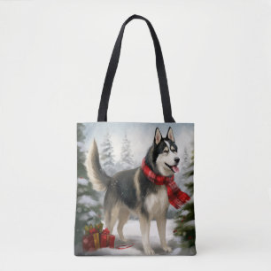 Bolso De Tela Perro Husky Siberiano en Navidades de nieve