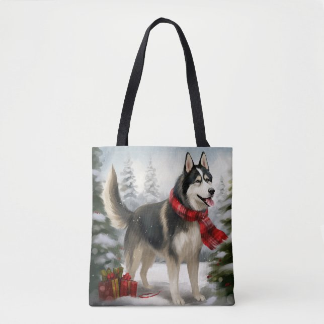 Bolso De Tela Perro Husky Siberiano en Navidades de nieve (Anverso)