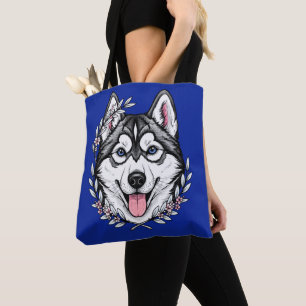 Bolso De Tela Perro Husky Siberiano y Flor de Laurel de Montaña