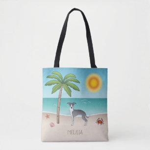 Bolso De Tela Perro Iggy Blanco y Azul En Una Playa Tropical De