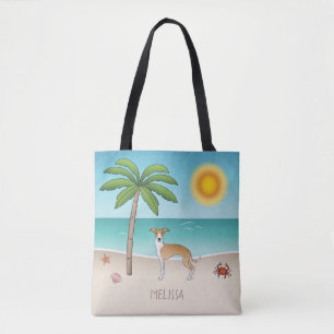 Bolso De Tela Perro Iggy Marrón Claro Y Blanco En Una Playa Trop