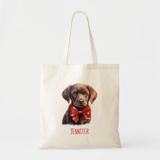 Bolso De Tela Perro Labrador de Chocolate con un arco rojo (Frente)