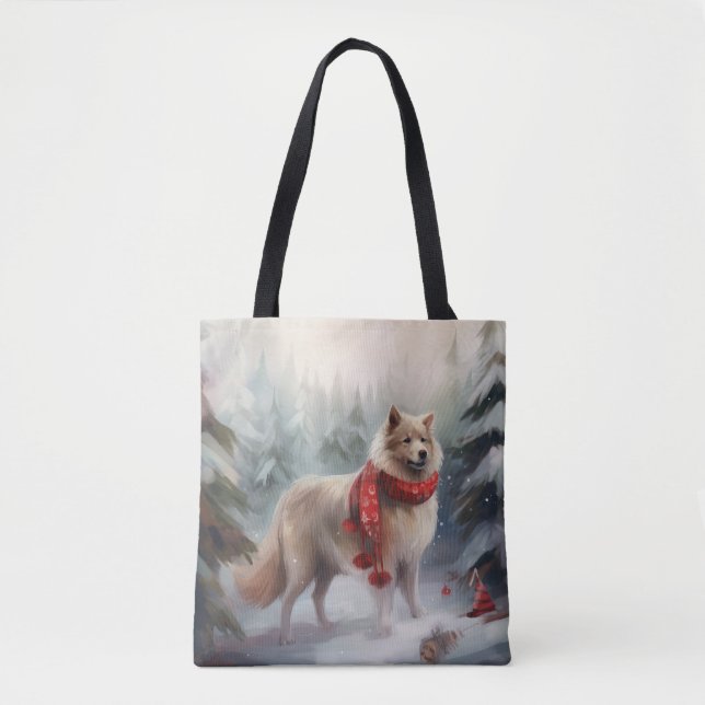 Bolso De Tela Perro lappund finlandés en Navidades de nieve (Anverso)