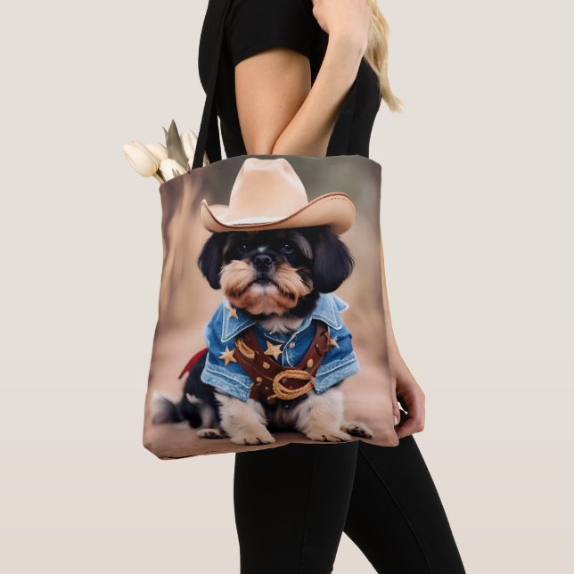 Bolso De Tela Perro lindo con vestuario de vaquero (Detalle)