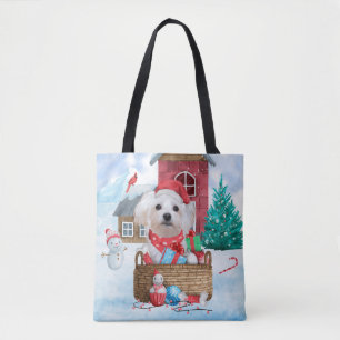 Bolso De Tela Perro maltés en casa de perros de Navidades de nie