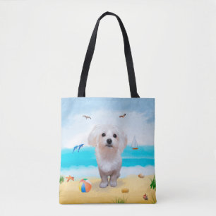 Bolso De Tela Perro maltés en la playa