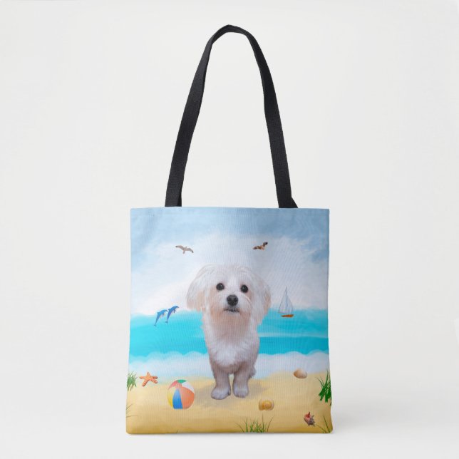 Bolso De Tela Perro maltés en la playa (Anverso)