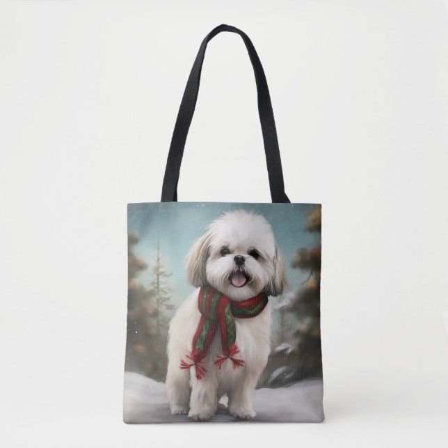 Bolso De Tela Perro Malti Tzu en Navidades de nieve (Anverso)