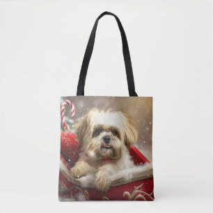 Bolso De Tela Perro Malti Tzu Fiesta Navideña