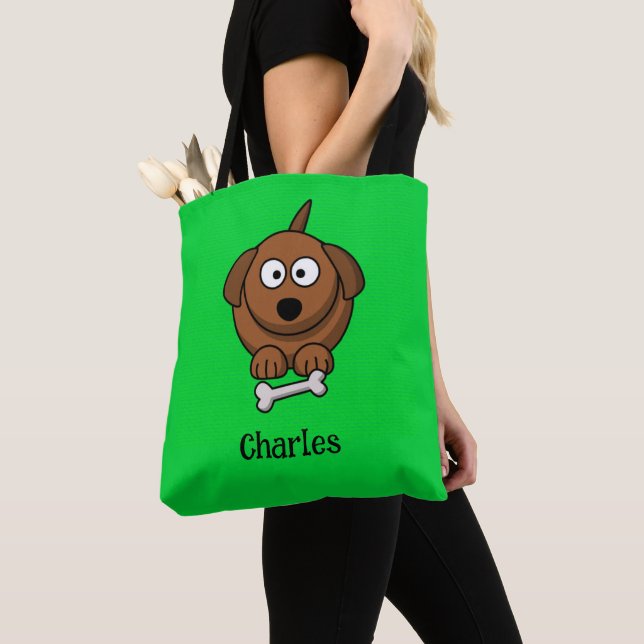 Bolso De Tela Perro marrón con hueso personalizado en verde (Detalle)