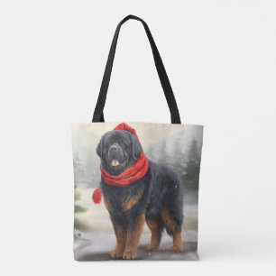Bolso De Tela Perro Mastín Tibetano en Navidad con Nieve