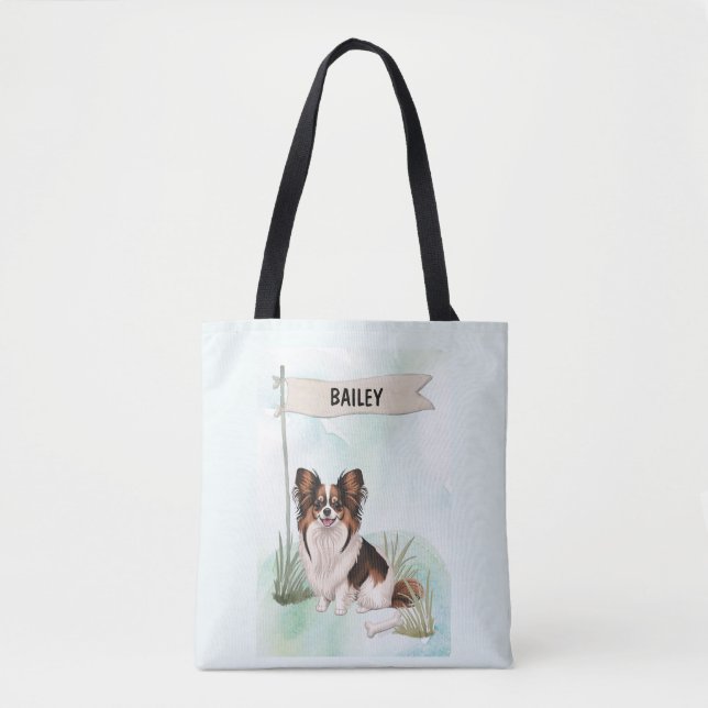Bolso De Tela Perro Papillon Acuarela Personalizado (Anverso)
