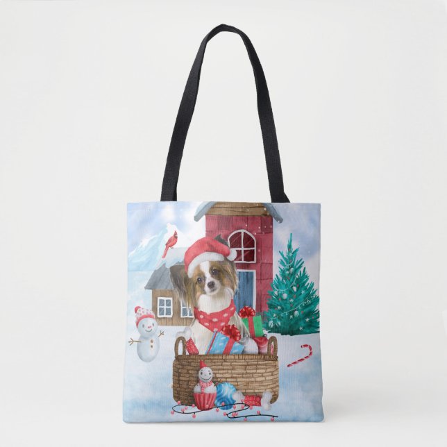 Bolso De Tela Perro Papillon en la casa de perros de Navidades d (Anverso)