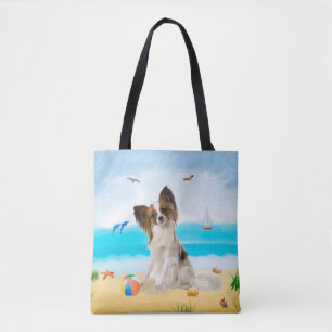 Bolso De Tela Perro Papillon en la playa