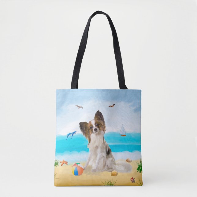Bolso De Tela Perro Papillon en la playa (Anverso)