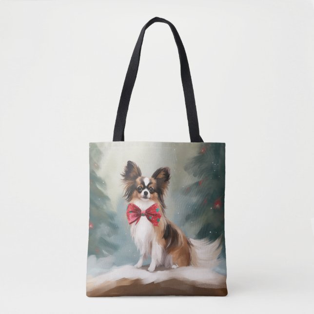 Bolso De Tela Perro Papillon en Navidad de Nieve  (Anverso)