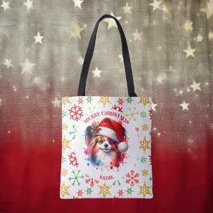 Bolso De Tela Perro Papillon en Santa Hat Navidades personalizad