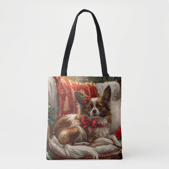 Bolso De Tela Perro Papillon Navidad Festiva (Anverso)