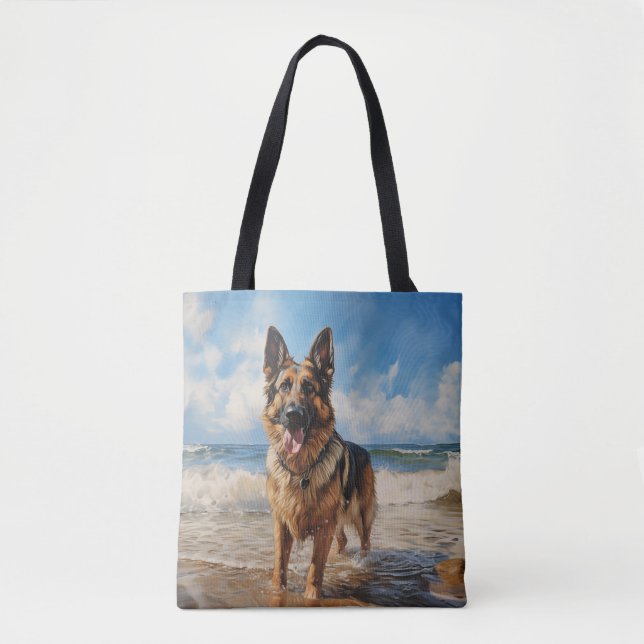 Bolso De Tela Perro pastor alemán en la playa (Anverso)