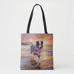 Bolso De Tela Perro pastor australiano arenoso en la puesta de s