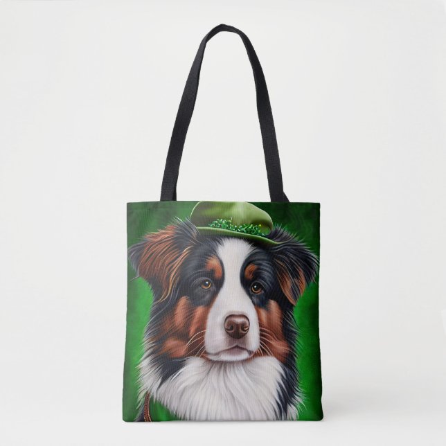 Bolso De Tela Perro pastor australiano con vestido de San Patric (Anverso)