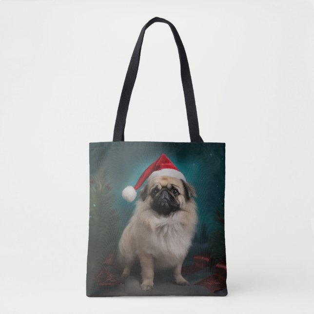 Bolso De Tela Perro pekinés en Navidades de nieve (Anverso)