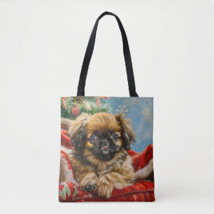 Bolso De Tela Perro Pequinés Navidad Festiva