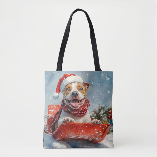 Bolso De Tela Perro Pitbull en la mancha, Navidades de la nieve (Anverso)